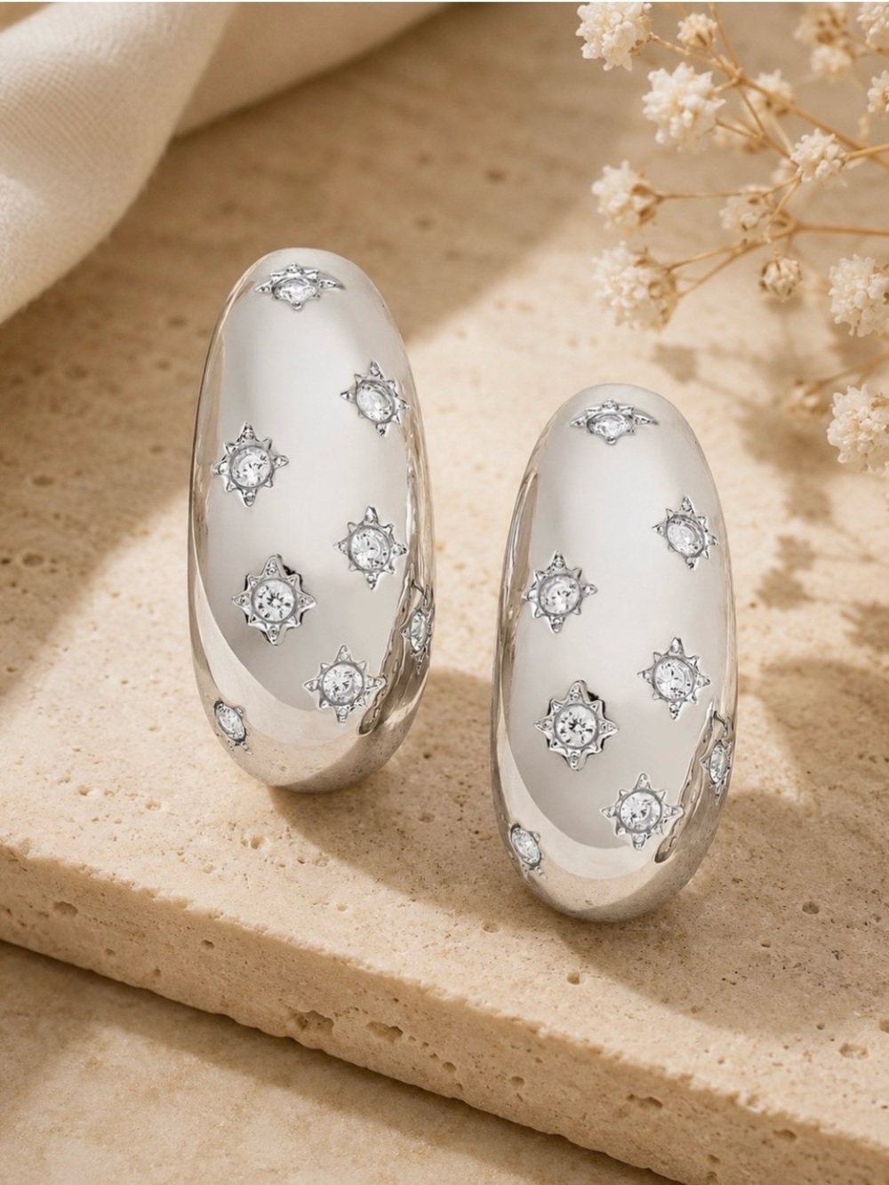 ON 34th Pavé Star Puffy J-Hoop Earrings Silver Tone Post Back